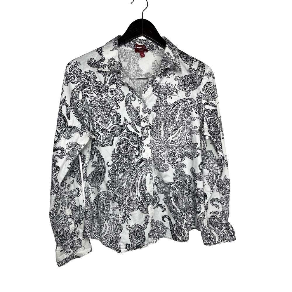 Talbots Haberdashery Petites 14P Black‎ White Paisley Stretch Cotton Shirt Chic